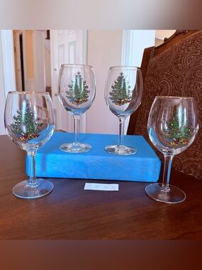 Set of 4 Cuthbertson Christmas Tree 10 Oz Glassware Wine Goblet Gold Rim #3